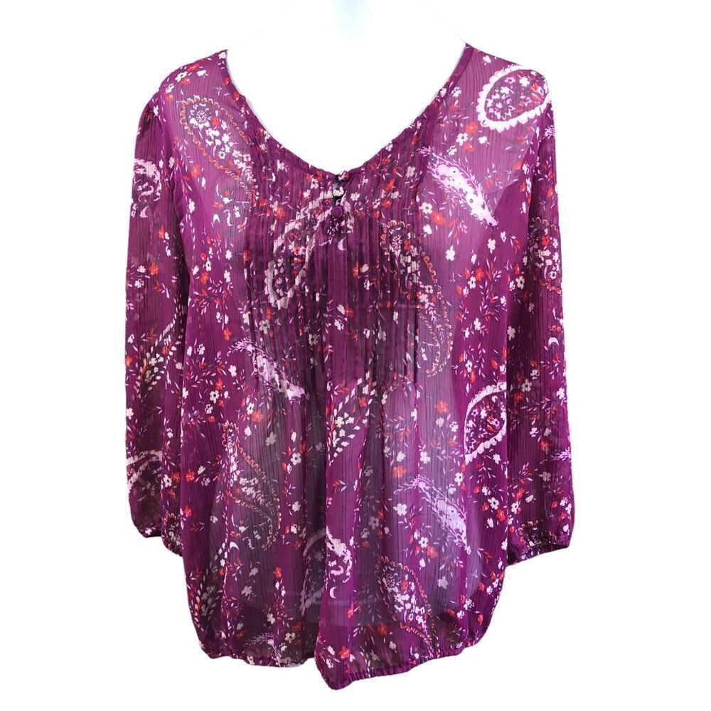 St. John’s Bay Blouse Semi Sheer Purple Paisley Print Tie Front 3/4 Sleeves XL